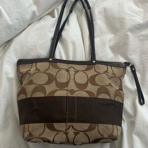 Coach Signature Stripe Tote bag In Brown Fabric With Leather Trim F13548 Y2K VTG